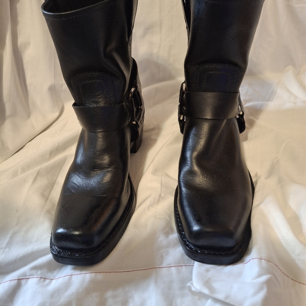 FRYE 8R Black Leather Harness Ankle Boots with Silver Buckle - Refinished As New